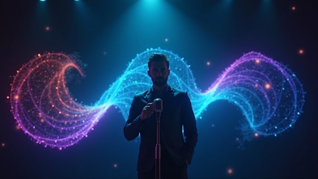 Person speaking into microphone with AI waves