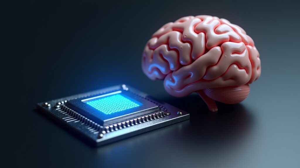 Human brain next to computer chip comparison